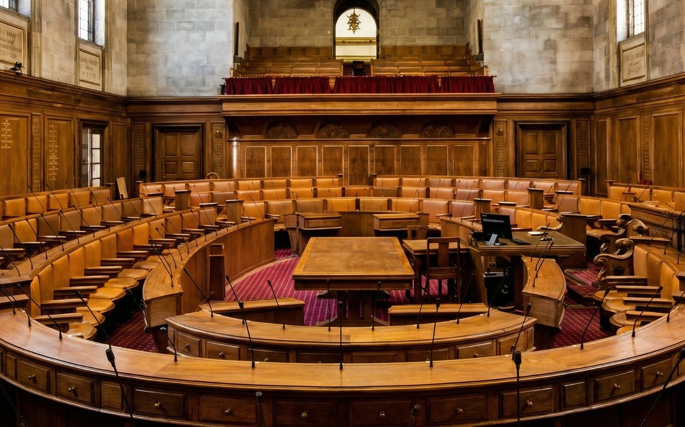 The empty debating chamber of a town hall, with tiered wooden benches